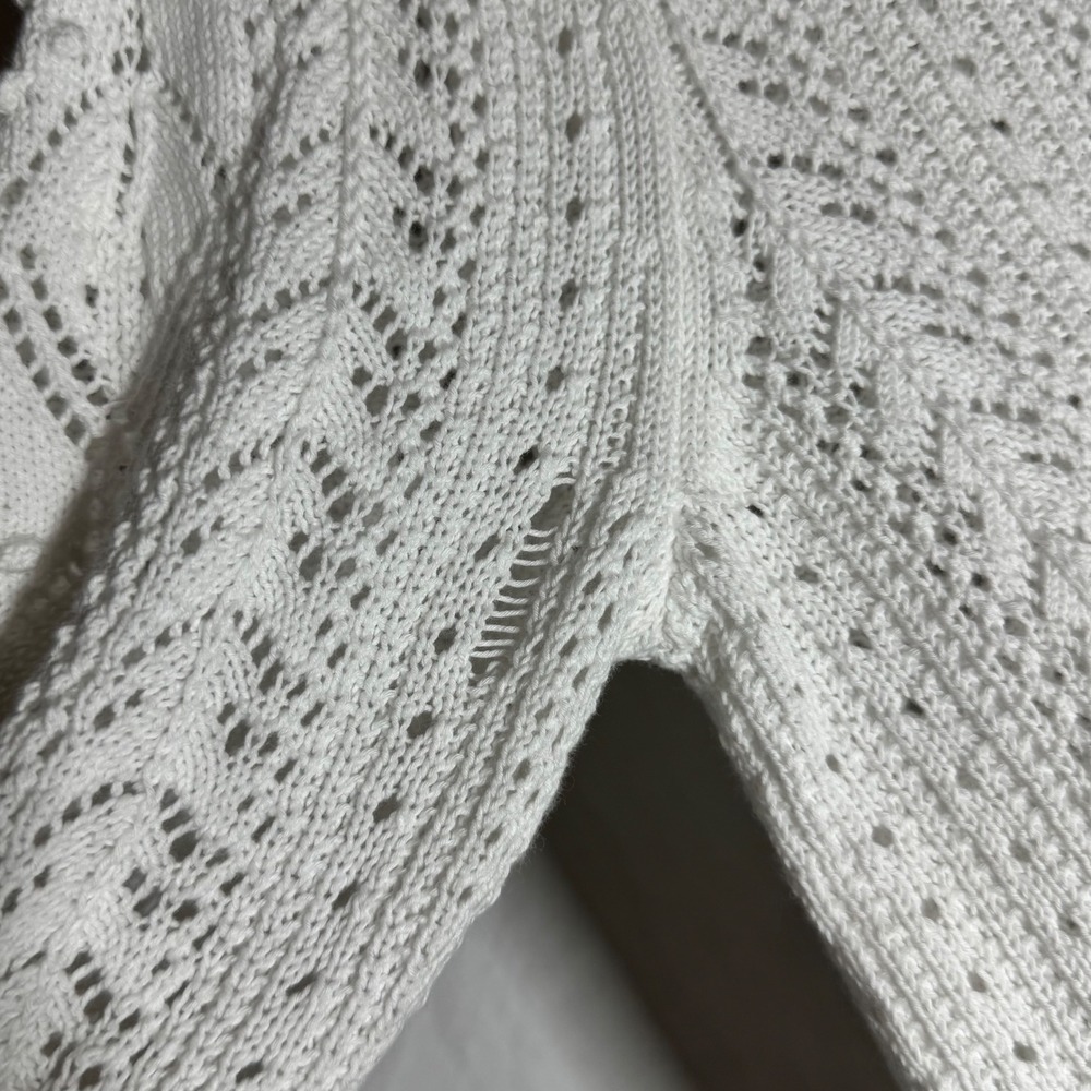 LOFT White Pointelle Knit Peter Pan Collar Tie Neck Short Sleeve Sweater S NEW - Picture 6 of 6